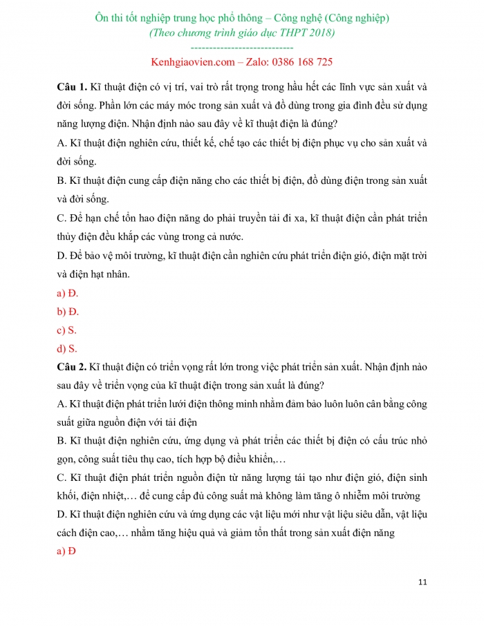 Ôn thi tốt nghiệp THPT quốc gia môn Công nghệ - Định hướng Công nghiệp