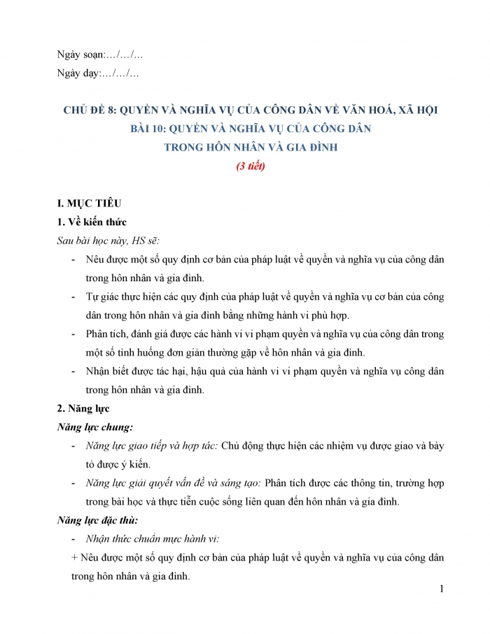 Giáo án và PPT Kinh tế pháp luật 12 chân trời bài 10: Quyền và nghĩa vụ của công dân trong hôn nhân và gia đình