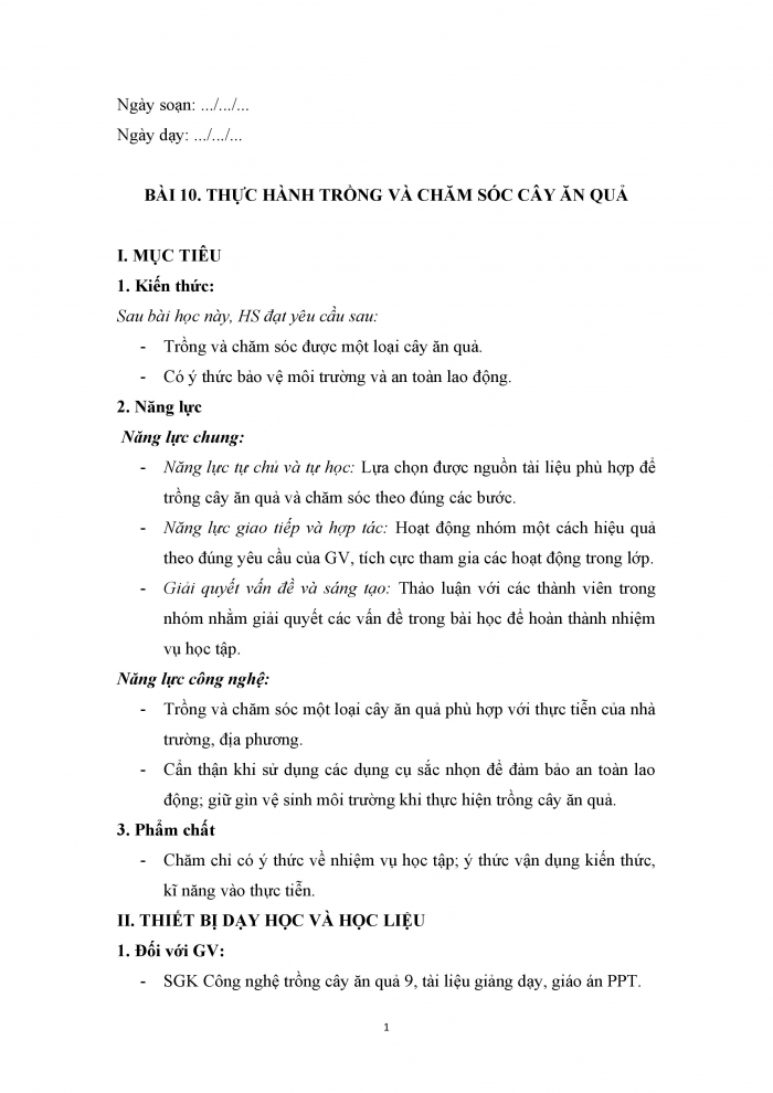 Giáo án và PPT công nghệ 9 trồng cây ăn quả Cánh diều bài 10: Thực hành trồng và chăm sóc cây ăn quả