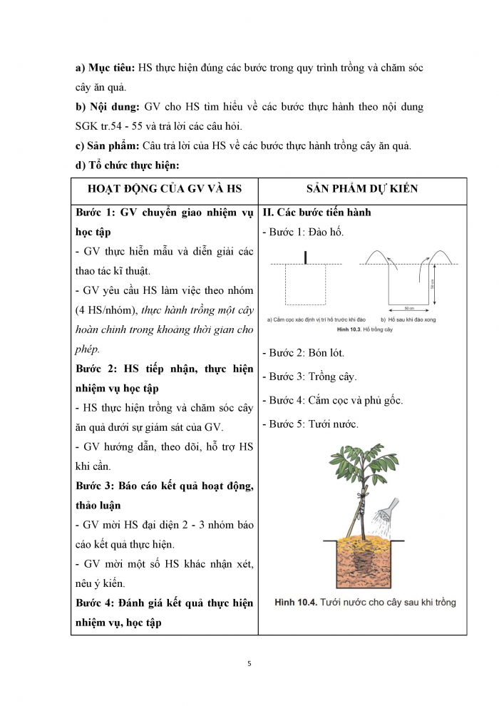 Giáo án và PPT công nghệ 9 trồng cây ăn quả Cánh diều bài 10: Thực hành trồng và chăm sóc cây ăn quả