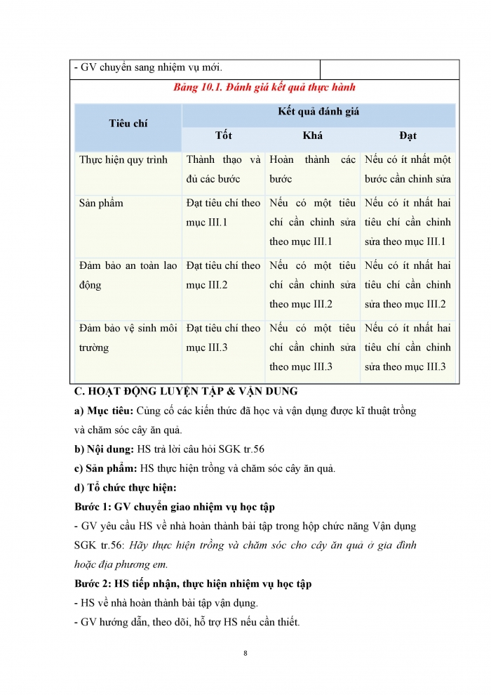 Giáo án và PPT công nghệ 9 trồng cây ăn quả Cánh diều bài 10: Thực hành trồng và chăm sóc cây ăn quả