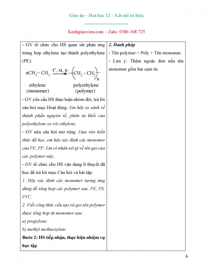 Giáo án và PPT Hoá học 12 kết nối bài 12: Đại cương về polymer