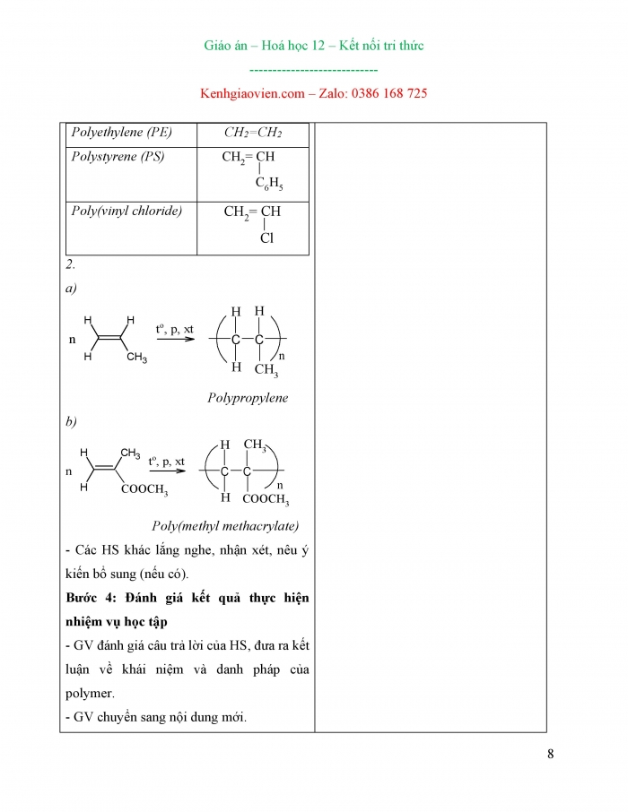 Giáo án và PPT Hoá học 12 kết nối bài 12: Đại cương về polymer