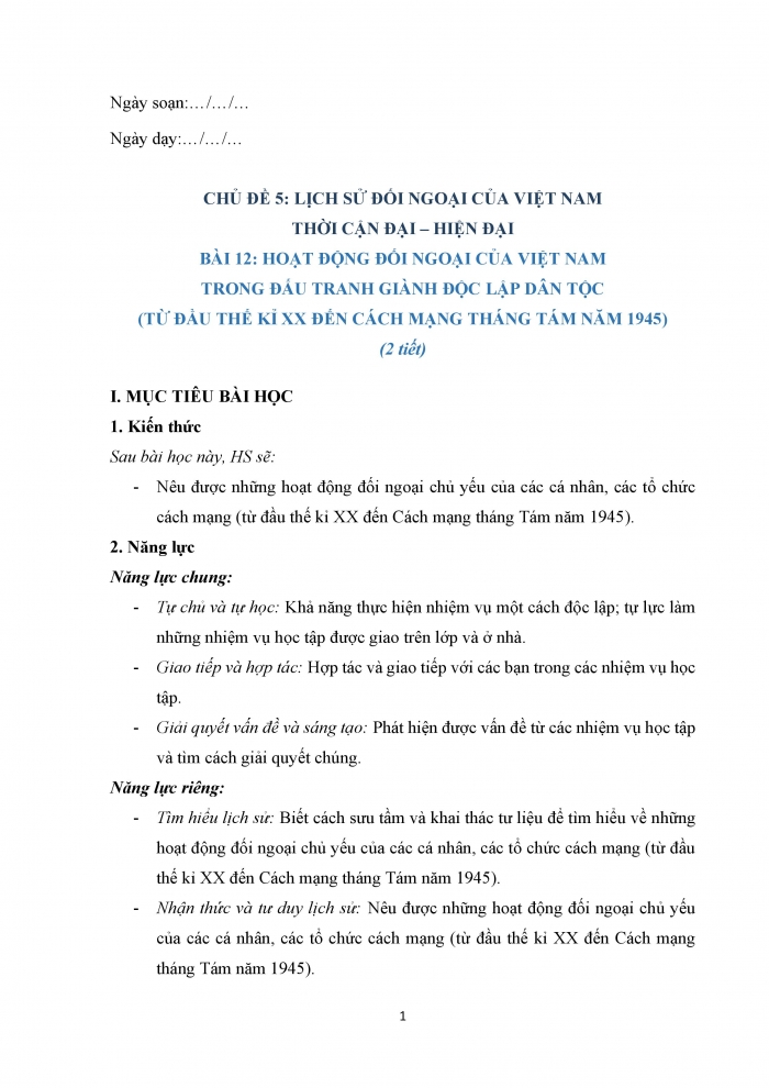 Giáo án và PPT Lịch sử 12 kết nối bài 12: Hoạt động đối ngoại của Việt Nam trong đấu tranh giành độc lập dân tộc (từ đầu thế kỉ XX đến Cách mạng tháng Tám năm 1945)