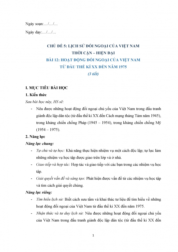 Giáo án và PPT Lịch sử 12 cánh diều bài 12: Hoạt động đối ngoại của Việt Nam từ đầu thế kỉ XX đến năm 1975