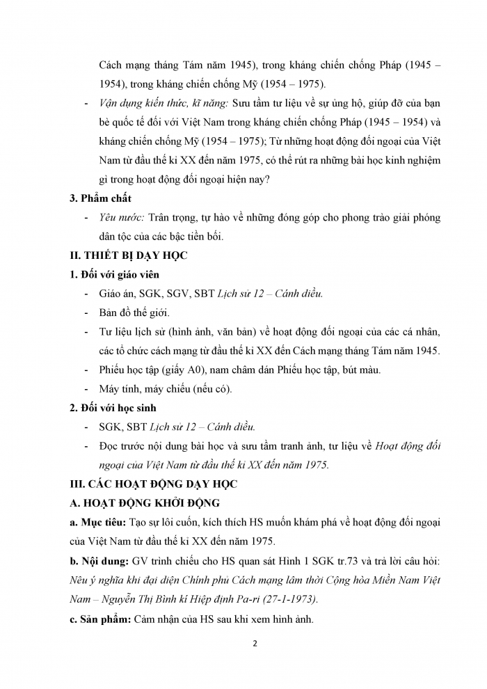 Giáo án và PPT Lịch sử 12 cánh diều bài 12: Hoạt động đối ngoại của Việt Nam từ đầu thế kỉ XX đến năm 1975