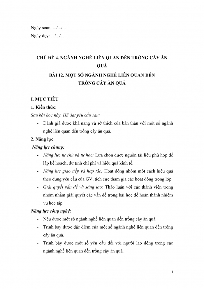 Giáo án và PPT công nghệ 9 trồng cây ăn quả Cánh diều bài 12: Một số ngành nghề liên quan đến trồng cây ăn quả