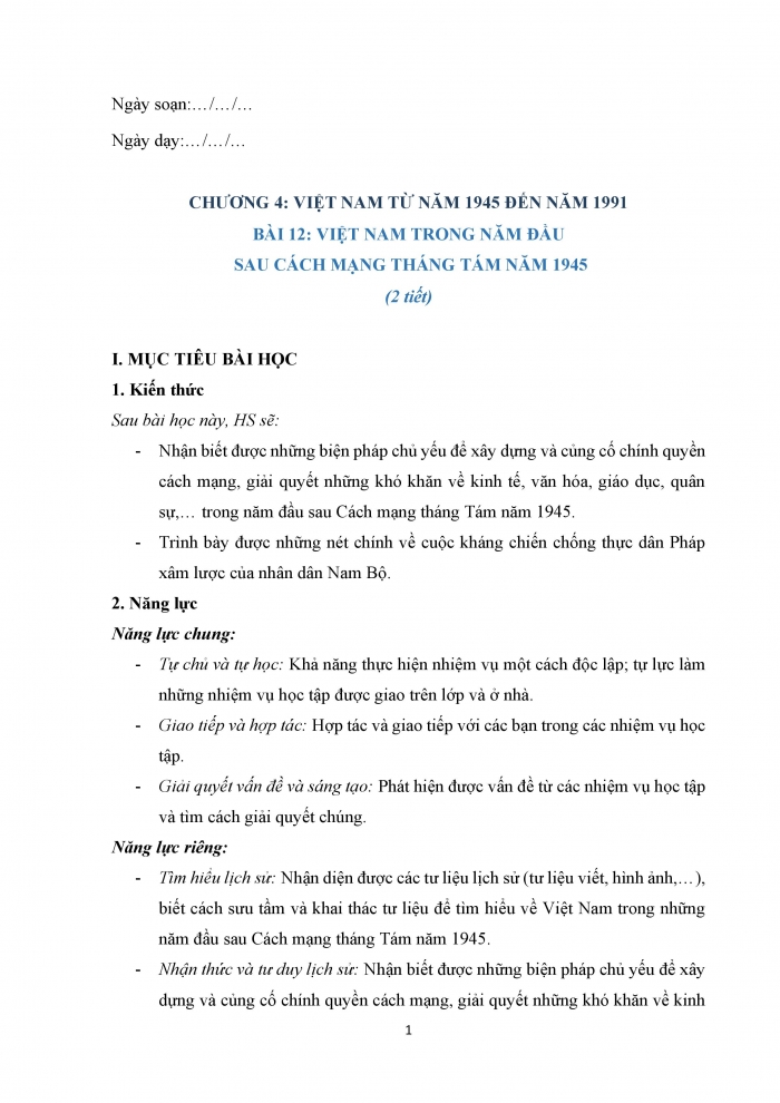 Giáo án và PPT Lịch sử 9 cánh diều bài 12: Việt Nam trong những năm đầu sau Cách mạng tháng Tám năm 1945