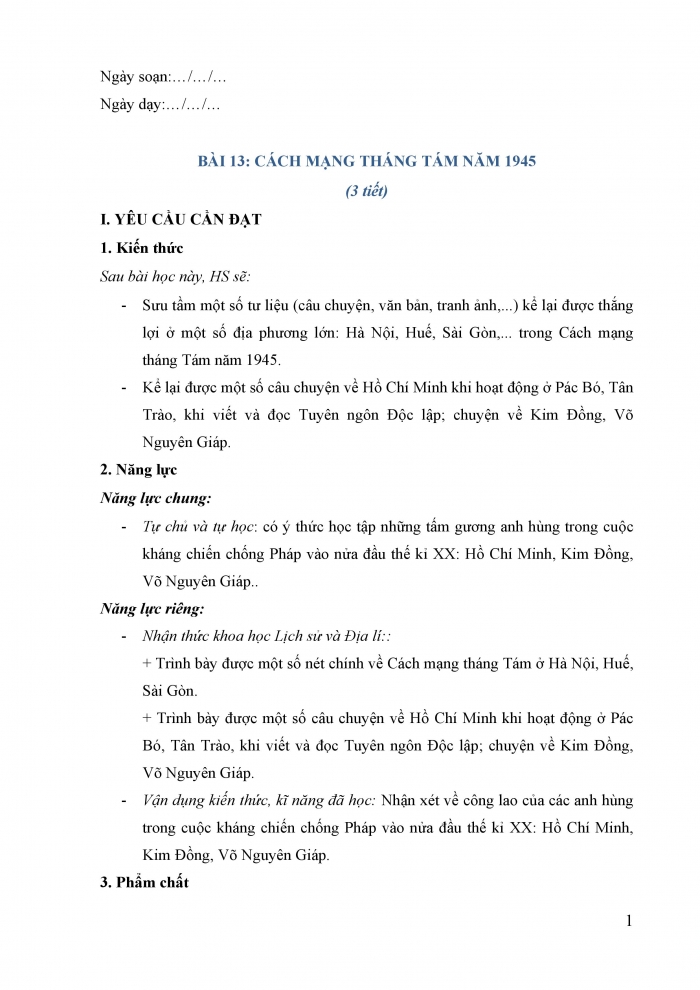 Giáo án và PPT Lịch sử và Địa lí 5 chân trời Bài 13: Cách mạng tháng Tám năm 1945