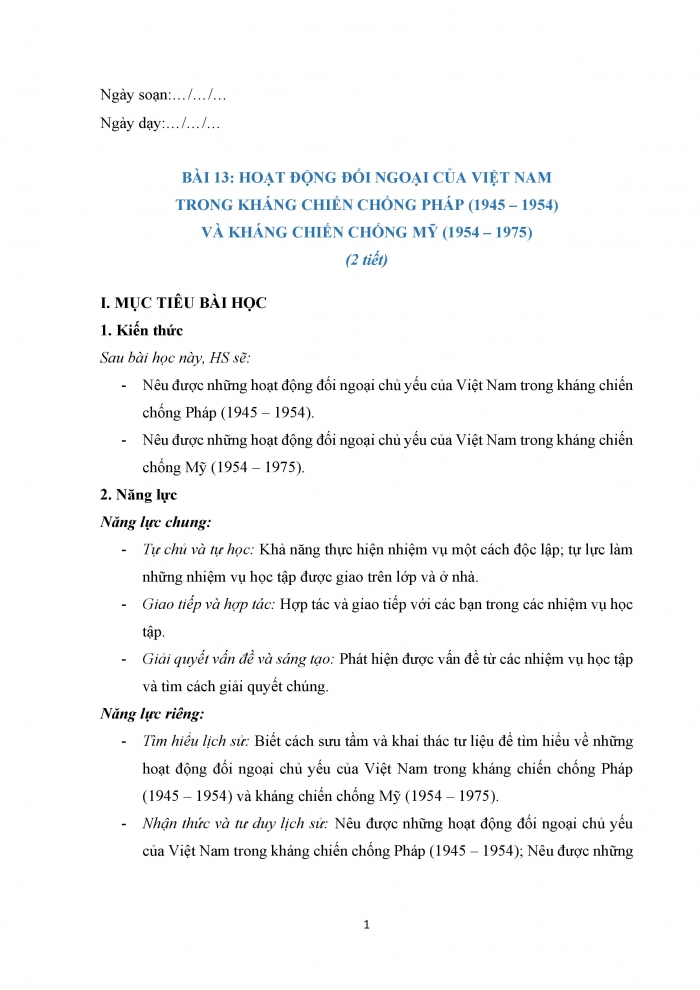 Giáo án và PPT Lịch sử 12 kết nối bài 13: Hoạt động đối ngoại của Việt Nam trong kháng chiến chống Pháp (1945 – 1954) và kháng chiến chống Mỹ (1954 – 1975)