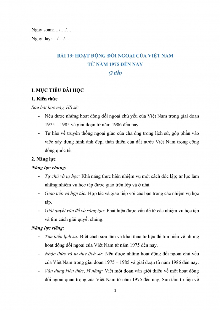 Giáo án và PPT Lịch sử 12 cánh diều bài 13: Hoạt động đối ngoại của Việt Nam từ năm 1975 đến nay