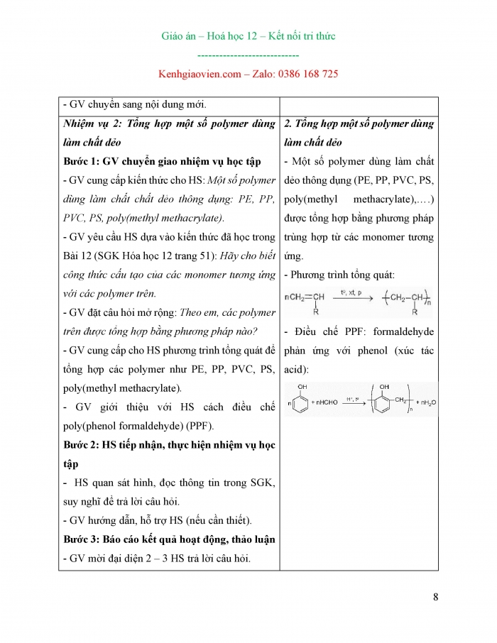 Giáo án và PPT Hoá học 12 kết nối bài 13: Vật liệu polymer