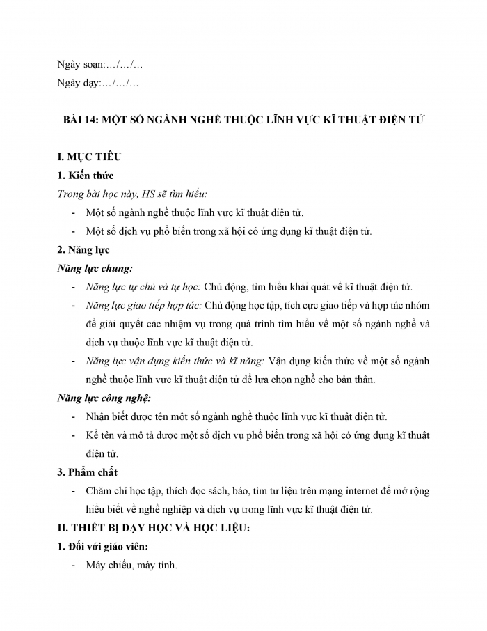 Giáo án và PPT công nghệ 12 điện - điện tử Cánh diều bài 14: Một số ngành nghề thuộc lĩnh vực kĩ thuật điện tử