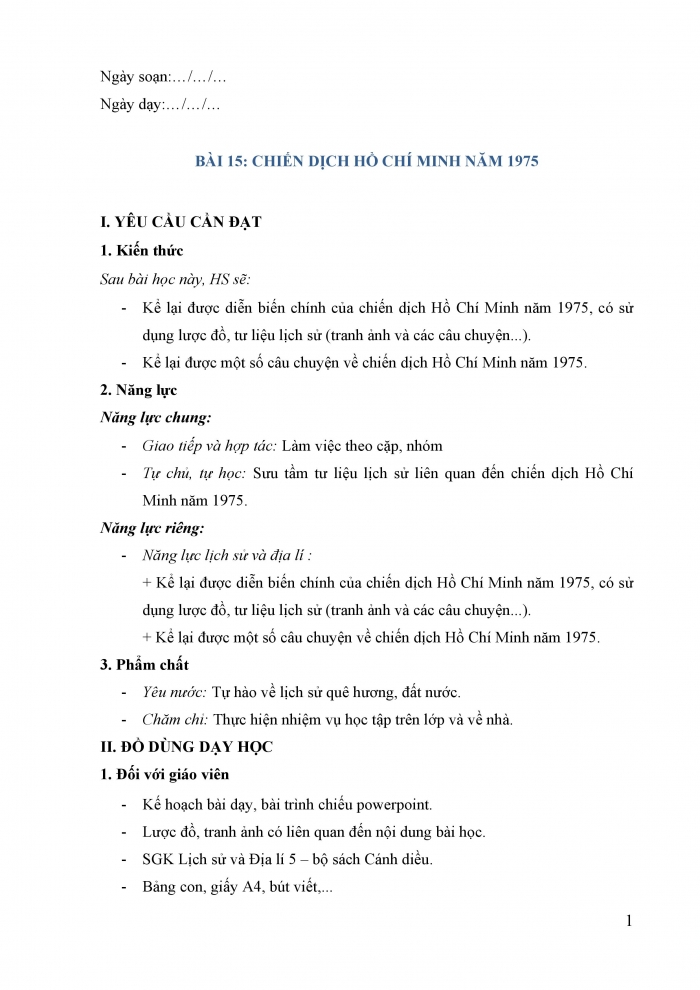 Giáo án và PPT Lịch sử và Địa lí 5 cánh diều bài 15: Chiến dịch Hồ Chí Minh năm 1975