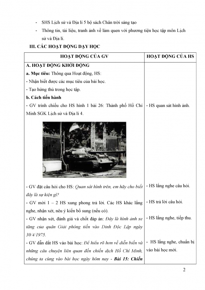 Giáo án và PPT Lịch sử và Địa lí 5 chân trời Bài 15: Chiến dịch Hồ Chí Minh năm 1975