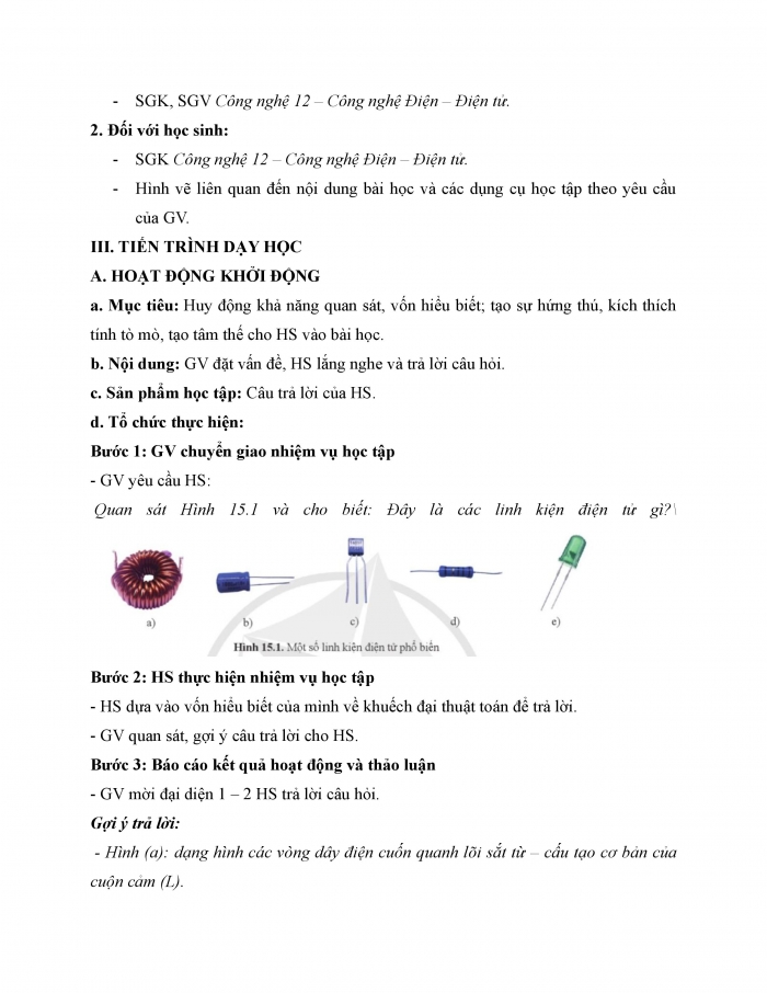 Giáo án và PPT công nghệ 12 điện - điện tử Cánh diều bài 15: Một số linh kiện điện tử phổ biến