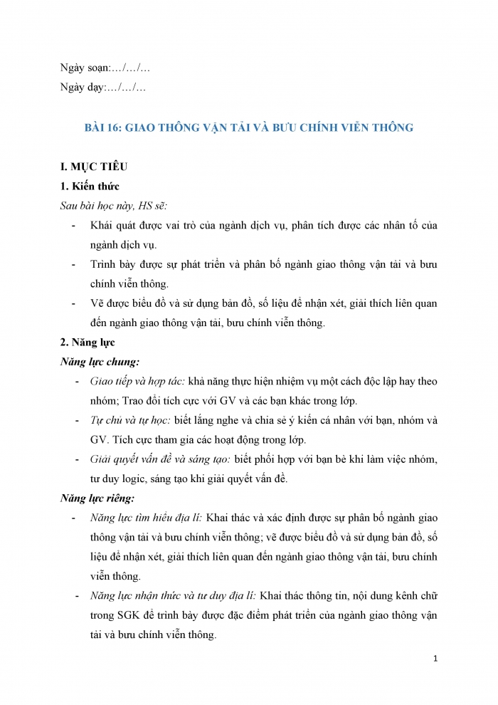 Giáo án và PPT Địa lí 12 cánh diều bài 16: Giao thông vận tải và bưu chính viễn thông