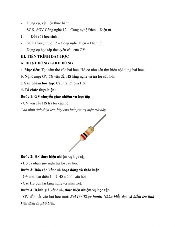 Giáo án và PPT công nghệ 12 điện - điện tử Cánh diều bài 16: Thực hành Nhận biết, đọc và kiểm tra linh kiện điện tử phổ biến