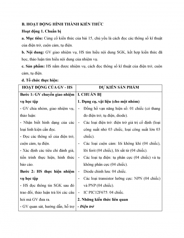 Giáo án và PPT công nghệ 12 điện - điện tử Cánh diều bài 16: Thực hành Nhận biết, đọc và kiểm tra linh kiện điện tử phổ biến