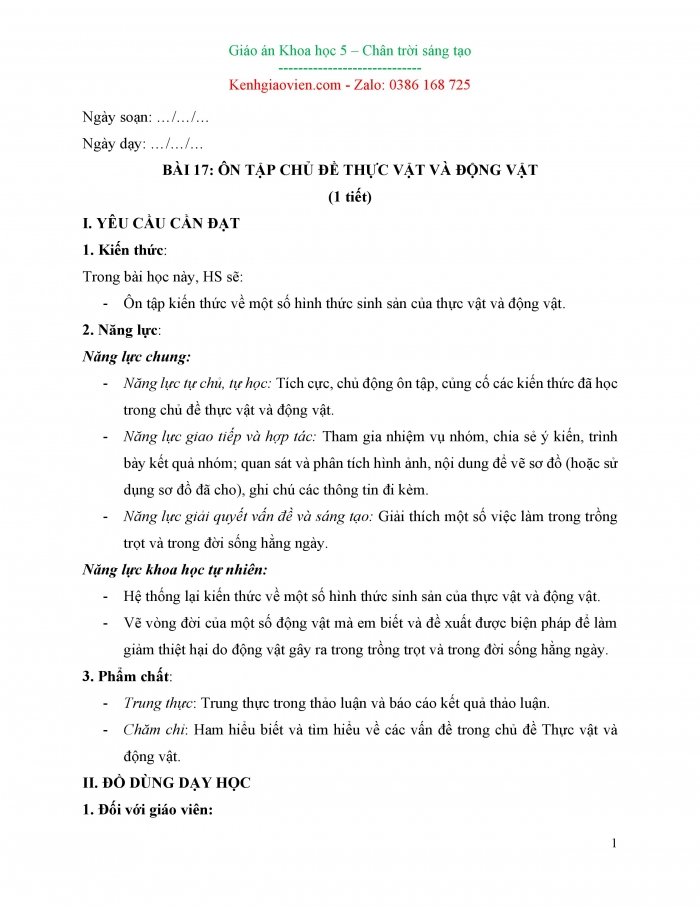 Giáo án và PPT Khoa học 5 chân trời bài 17: Ôn tập chủ đề Thực vật và động vật
