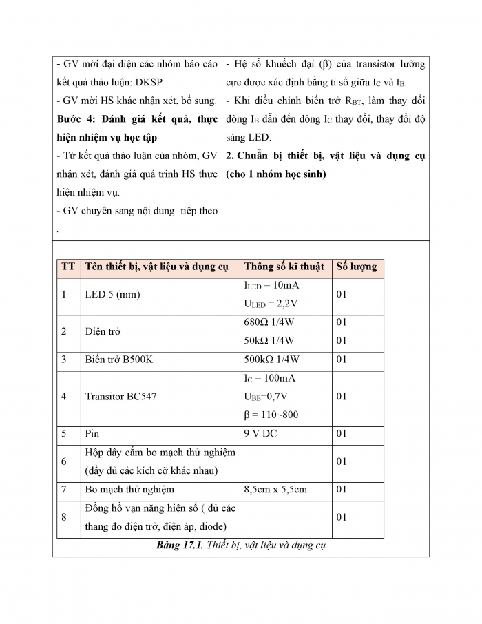 Giáo án và PPT công nghệ 12 điện - điện tử Cánh diều bài 17: Thực hành Lắp ráp mạch điều khiển LED sử dụng transistor lưỡng cực