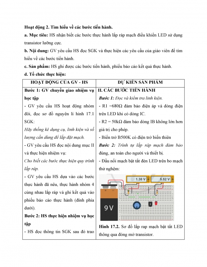 Giáo án và PPT công nghệ 12 điện - điện tử Cánh diều bài 17: Thực hành Lắp ráp mạch điều khiển LED sử dụng transistor lưỡng cực