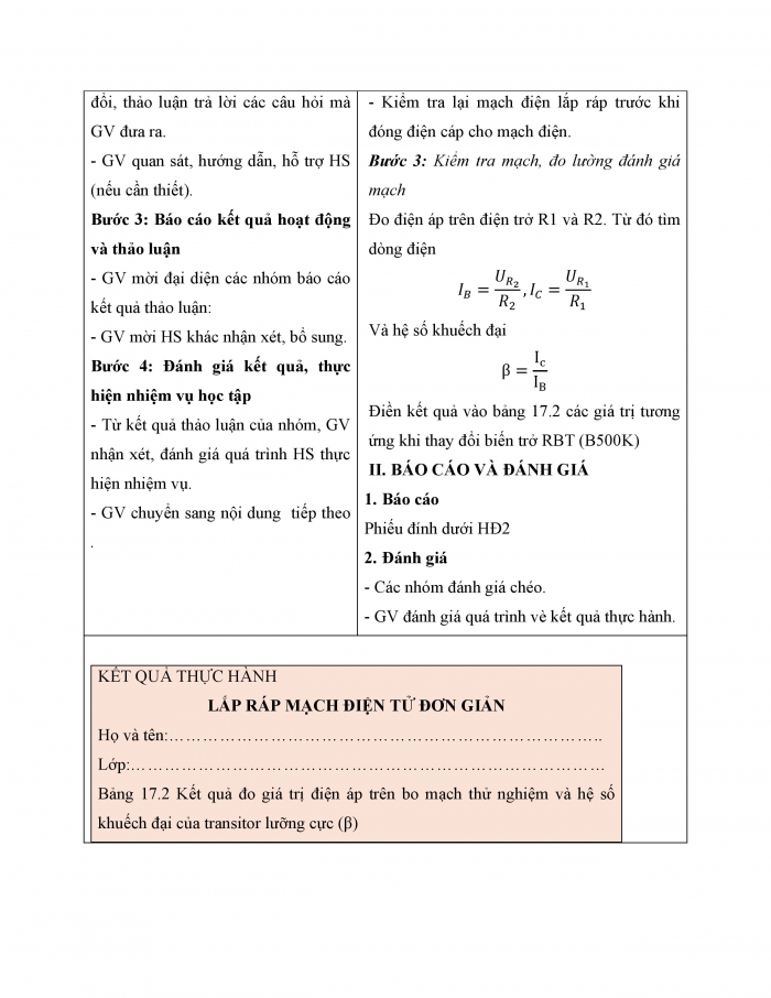 Giáo án và PPT công nghệ 12 điện - điện tử Cánh diều bài 17: Thực hành Lắp ráp mạch điều khiển LED sử dụng transistor lưỡng cực