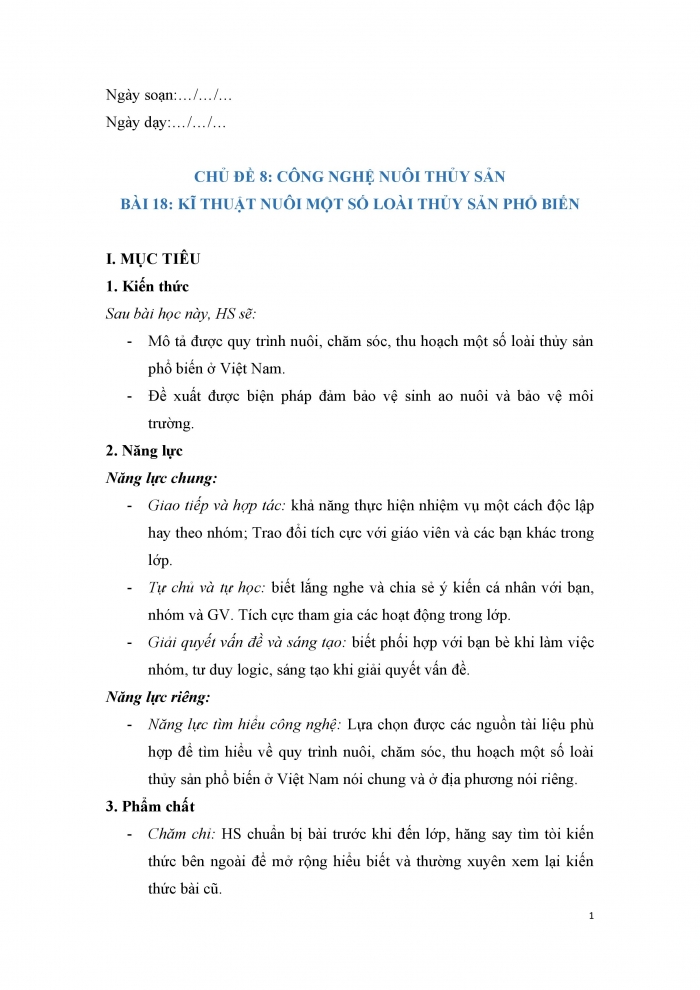 Giáo án và PPT công nghệ 12 lâm nghiệp thủy sản Cánh diều bài 18: Kĩ thuật nuôi một số loài thủy sản phổ biến