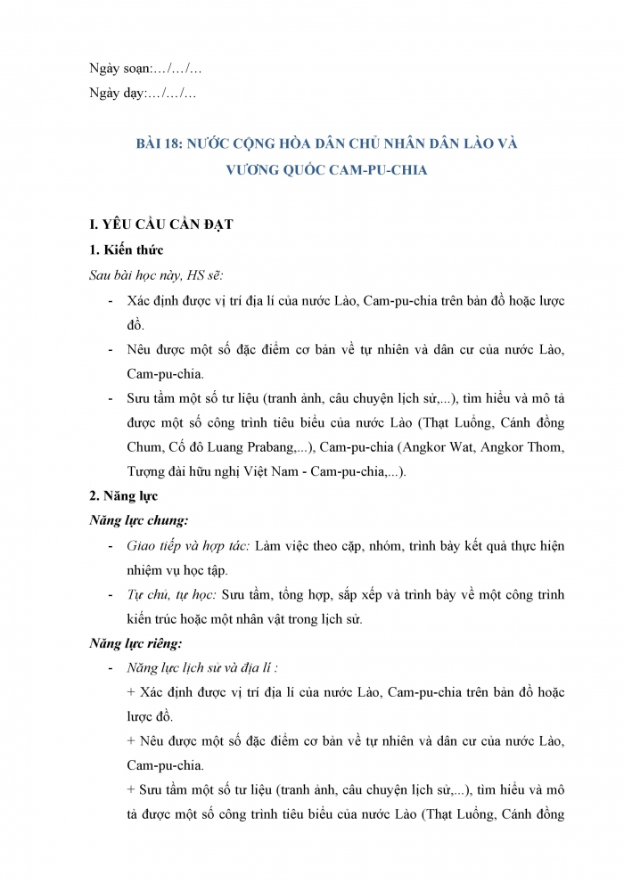 Giáo án và PPT Lịch sử và Địa lí 5 cánh diều bài 18: Nước Cộng hoà Dân chủ Nhân dân Lào và Vương quốc Cam-pu-chia