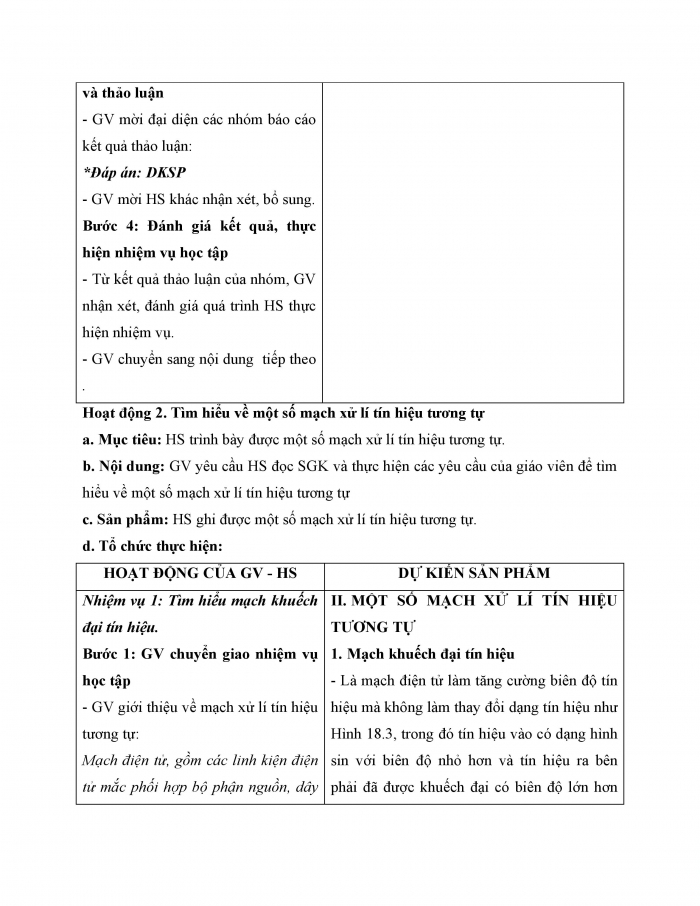 Giáo án và PPT công nghệ 12 điện - điện tử Cánh diều bài 18: Mạch xử lí tín hiệu tương tự