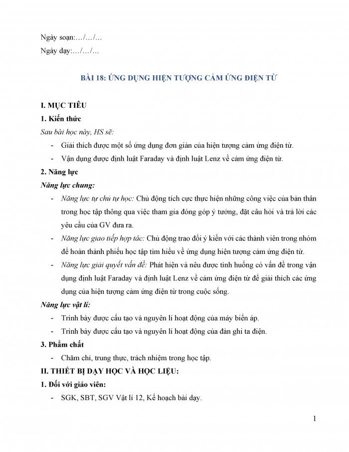 Giáo án và PPT Vật lí 12 kết nối bài 18: Ứng dụng hiện tượng cảm ứng điện từ