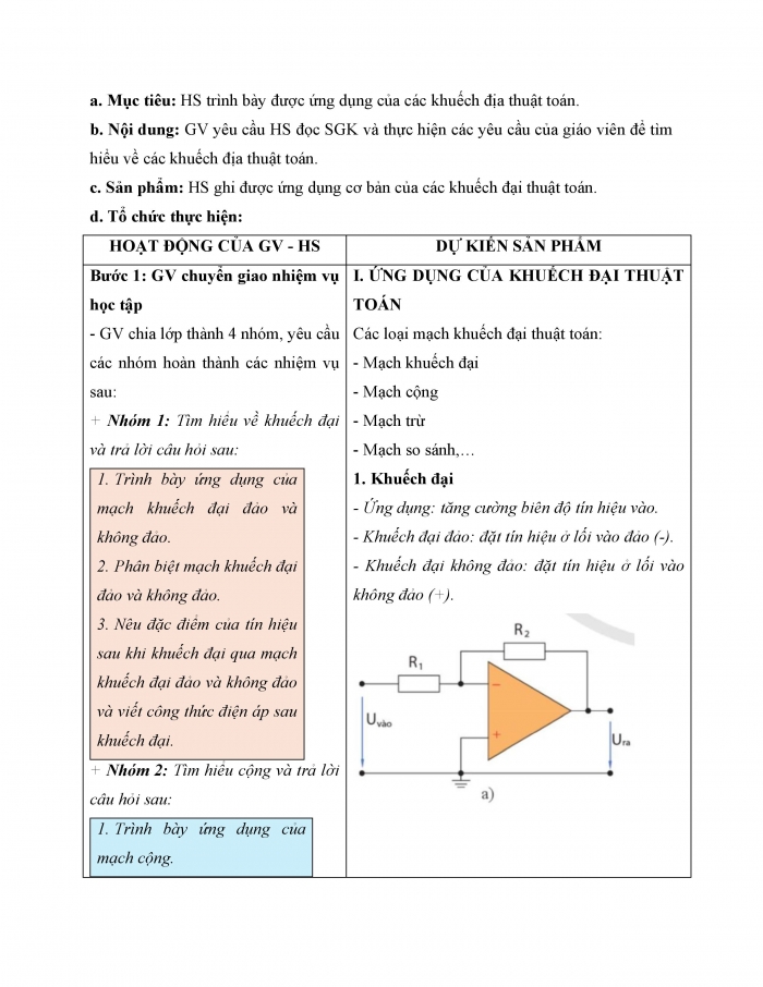 Giáo án và PPT công nghệ 12 điện - điện tử Cánh diều bài 19: Khuếch đại thuật toán