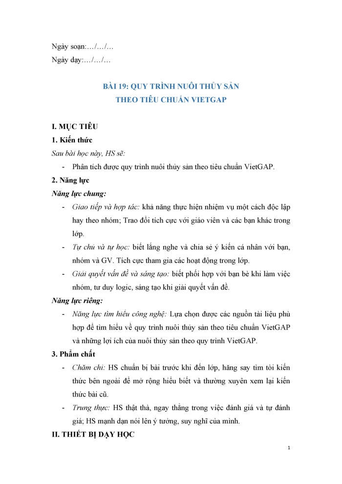 Giáo án và PPT công nghệ 12 lâm nghiệp thủy sản Cánh diều bài 19: Quy trình nuôi thủy sản theo tiêu chuẩn VietGAP