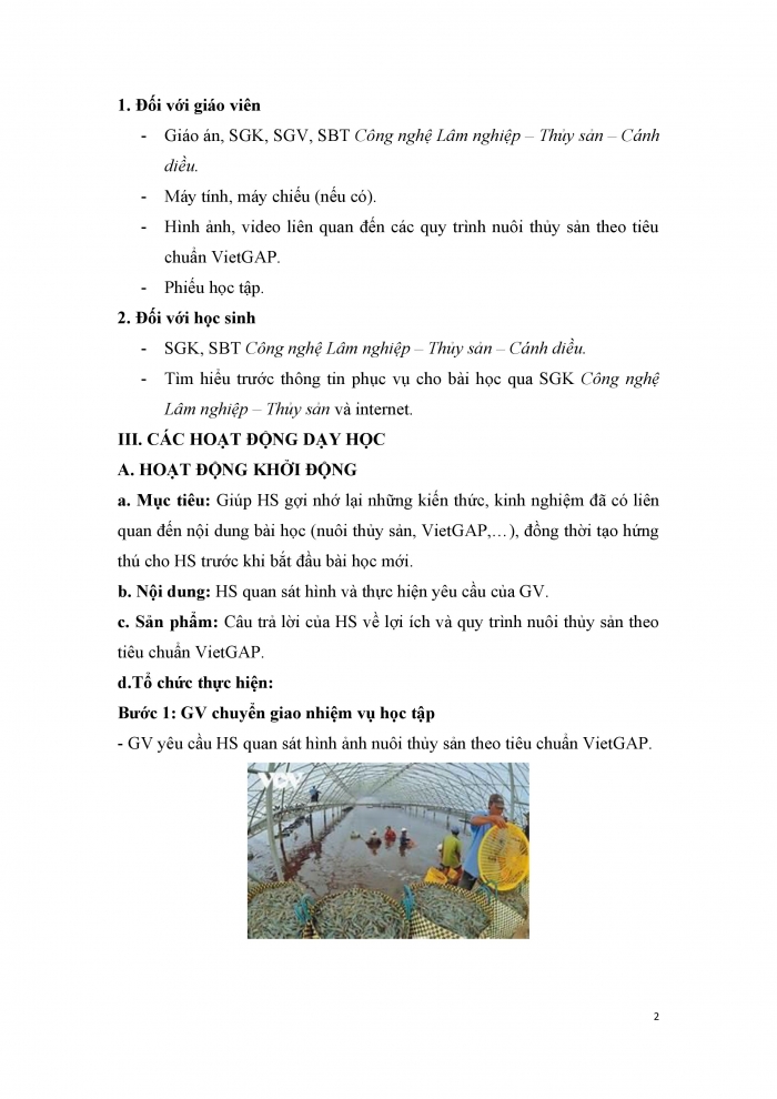 Giáo án và PPT công nghệ 12 lâm nghiệp thủy sản Cánh diều bài 19: Quy trình nuôi thủy sản theo tiêu chuẩn VietGAP