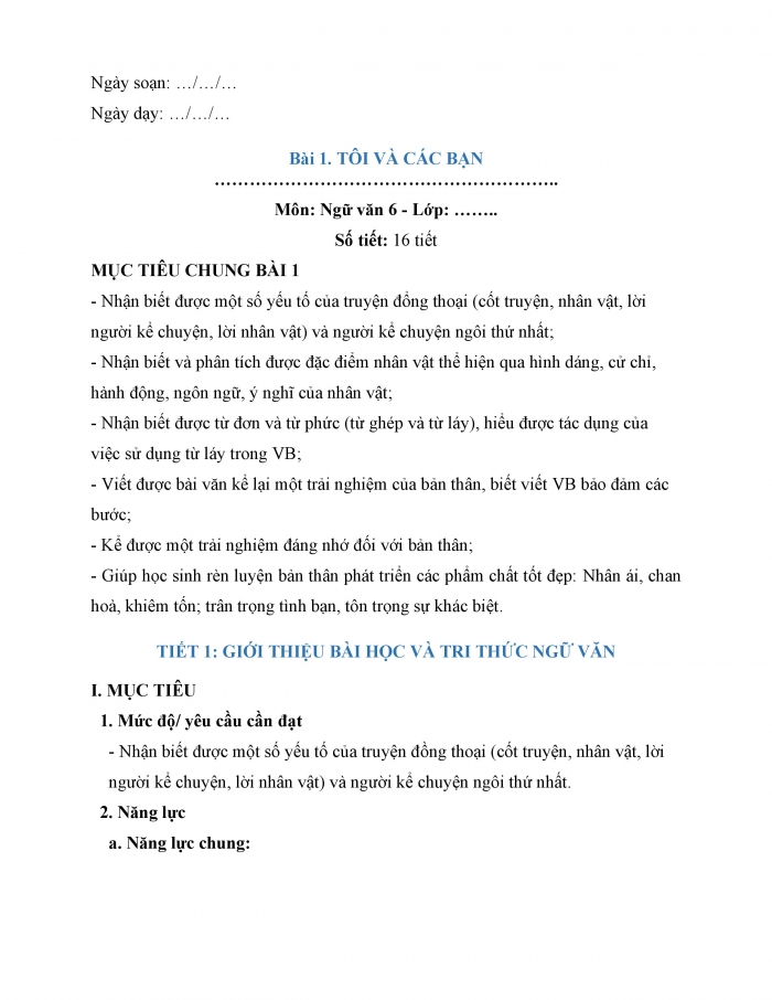 Giáo án và PPT Ngữ văn 6 kết nối Bài 1: Giới thiệu bài học và Tri thức ngữ văn