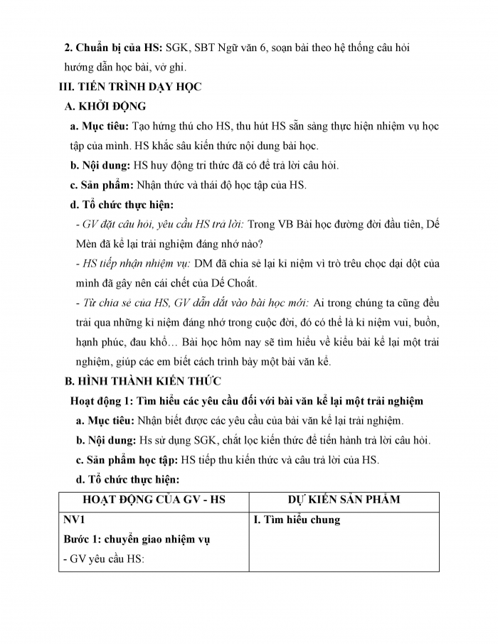 Giáo án và PPT Ngữ văn 6 kết nối Bài 1: Viết bài văn kể lại một trải nghiệm của em