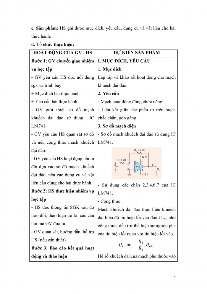 Giáo án và PPT công nghệ 12 điện - điện tử Kết nối bài 20: Thực hành Mạch khuếch đại đảo