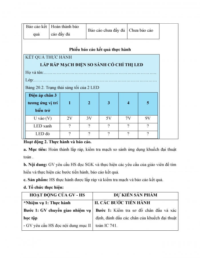 Giáo án và PPT công nghệ 12 điện - điện tử Cánh diều bài 20: Thực hành Lắp ráp mạch so sánh