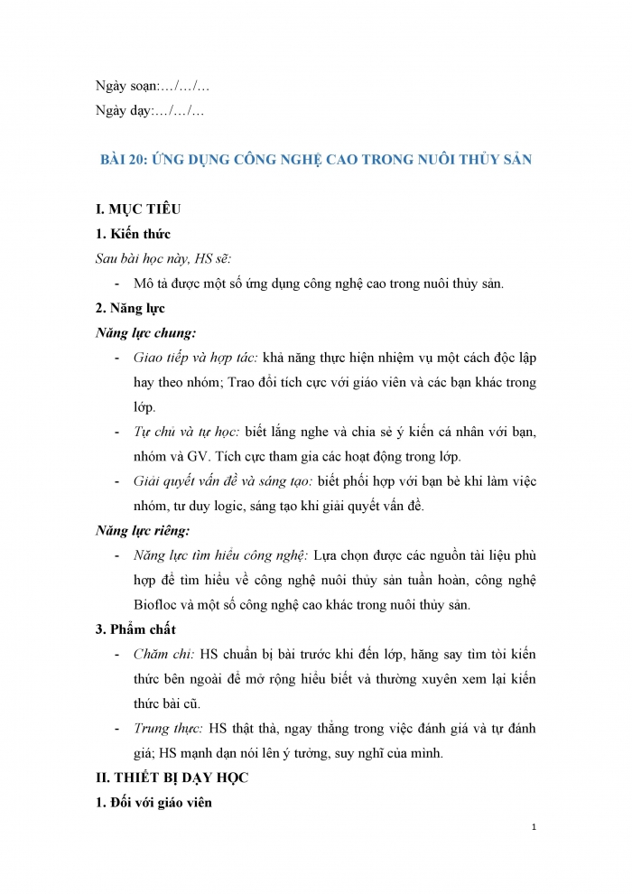 Giáo án và PPT công nghệ 12 lâm nghiệp thủy sản Cánh diều bài 20: Ứng dụng công nghệ cao trong nuôi trồng thủy sản