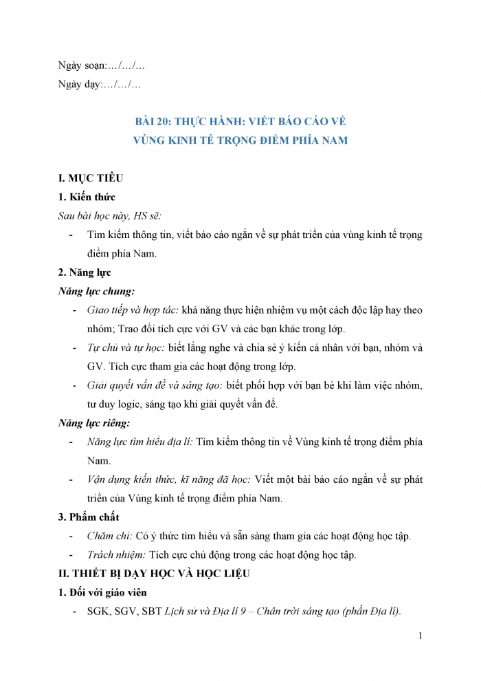 Giáo án và PPT Địa lí 9 chân trời bài 20: Thực hành Viết báo cáo về vùng kinh tế trọng điểm phía Nam