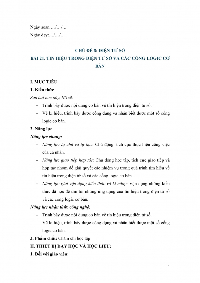 Giáo án và PPT công nghệ 12 điện - điện tử Cánh diều bài 21: Tín hiệu trong điện tử số và các cổng logic cơ bản