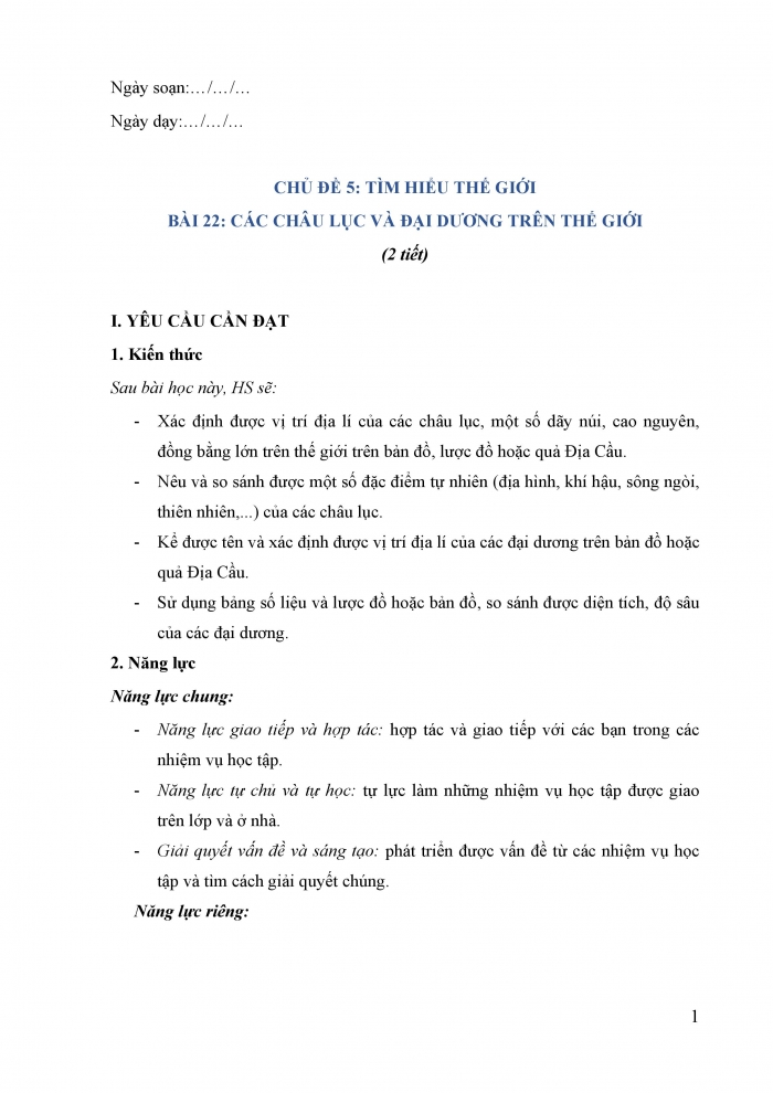 Giáo án và PPT Lịch sử và địa lí 5 Kết nối bài 22: Các châu lục và đại dương trên thế giới