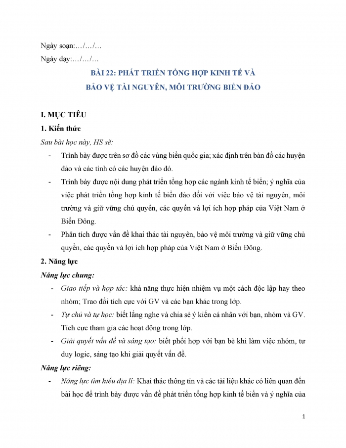 Giáo án và PPT Địa lí 9 kết nối bài 22: Phát triển tổng hợp kinh tế và bảo vệ tài nguyên, môi trường biển đảo