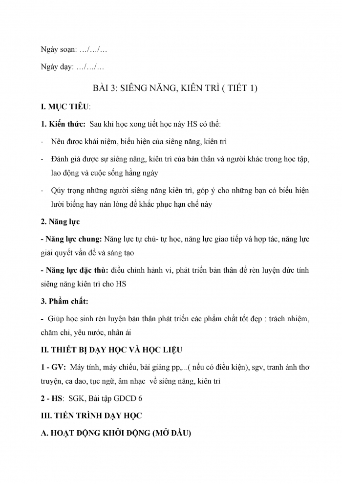 Giáo án và PPT Công dân 6 kết nối Bài 3: Siêng năng, kiên trì