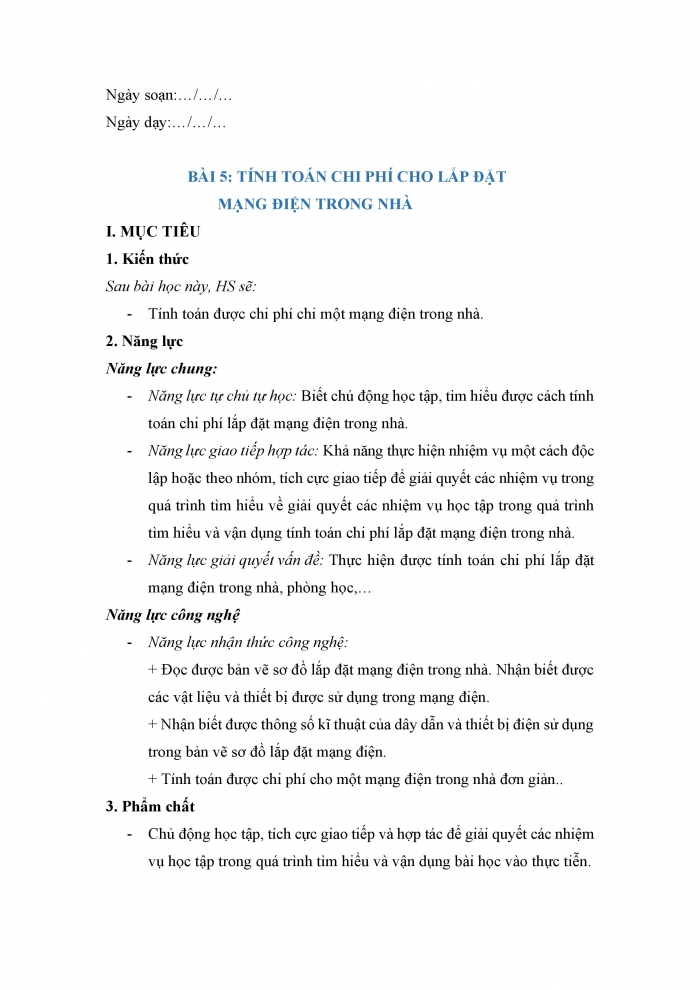 Giáo án và PPT công nghệ 9 lắp đặt mạng điện trong nhà Cánh diều bài 5: Tính toán chi phí cho mạng điện trong nhà