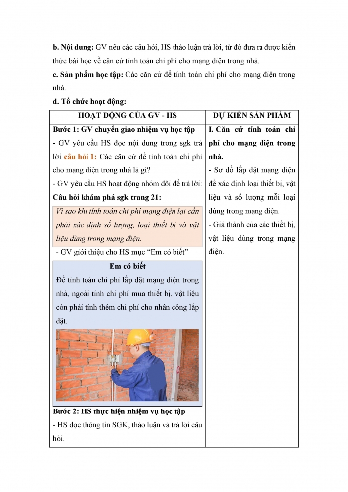 Giáo án và PPT công nghệ 9 lắp đặt mạng điện trong nhà Cánh diều bài 5: Tính toán chi phí cho mạng điện trong nhà