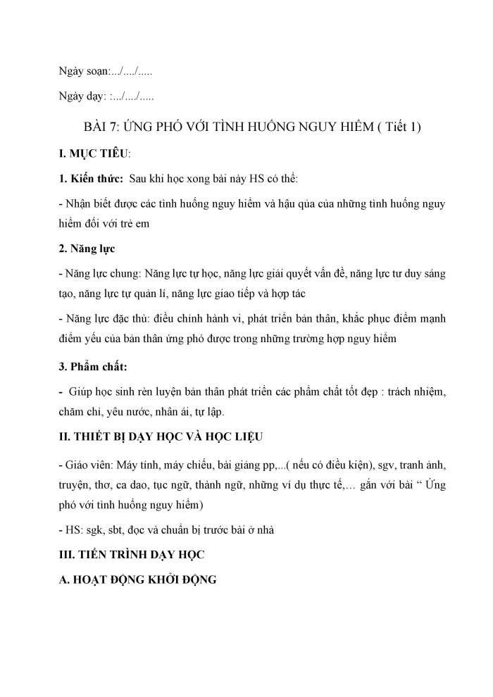 Giáo án và PPT Công dân 6 kết nối Bài 7: Ứng phó với tình huống nguy hiểm