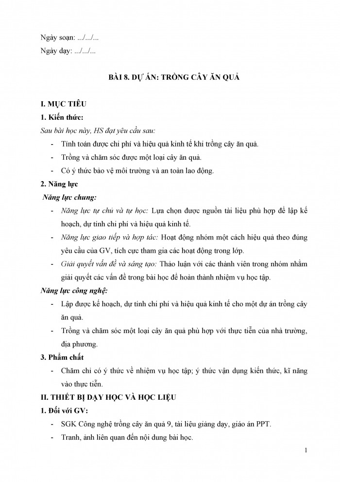 Giáo án và PPT Công nghệ 9 Trồng cây ăn quả Kết nối Bài 8: Dự án Trồng cây ăn quả