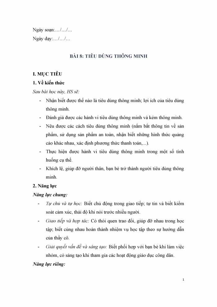 Giáo án và PPT Công dân 9 chân trời bài 8: Tiêu dùng thông minh