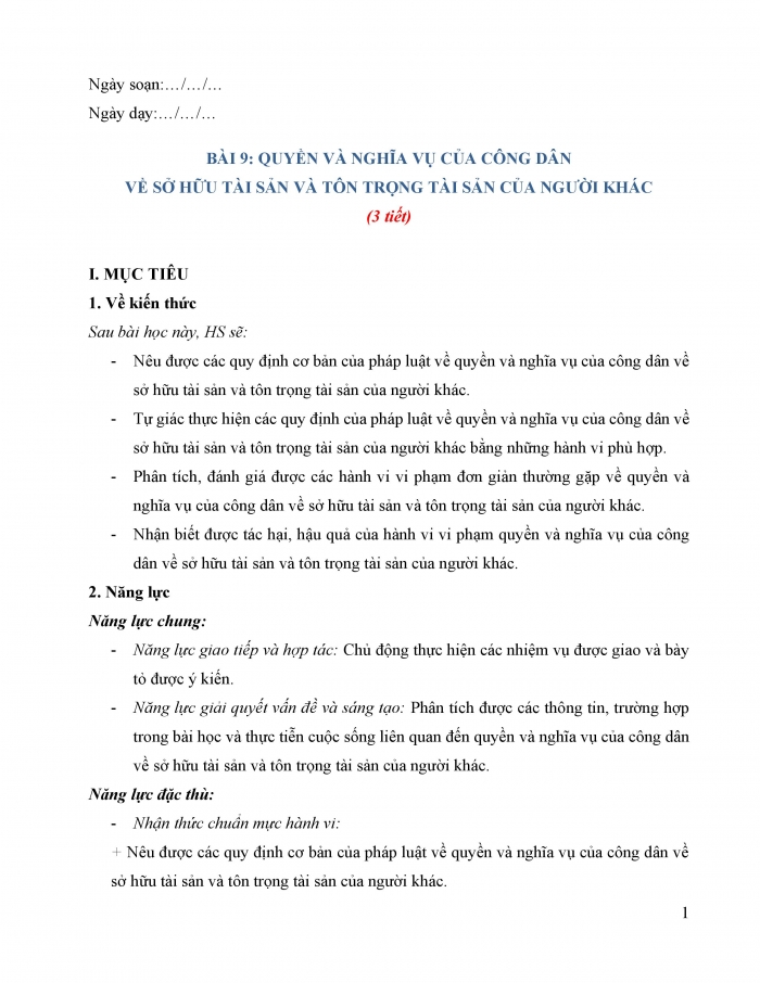 Giáo án và PPT Kinh tế pháp luật 12 chân trời bài 9: Quyền và nghĩa vụ của công dân về sở hữu tài sản và tôn trọng tài sản của người khác